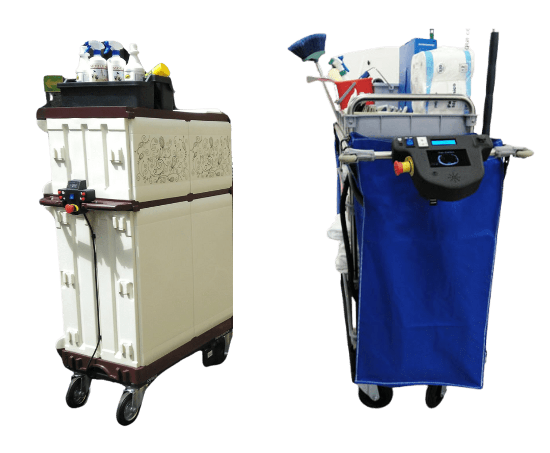 Dos carritos de limpieza motorizados con compartimentos para productos y utensilios de limpieza.