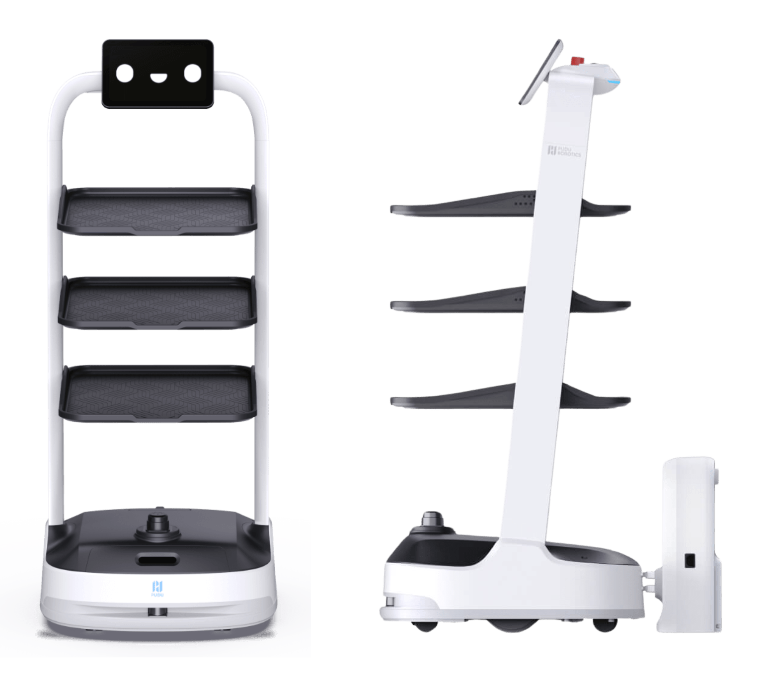 Robot de servicio PuduBot 2 de Pudu Robotics, diseñado para optimizar la entrega de objetos con bandejas inteligentes y un diseño ergonómico.