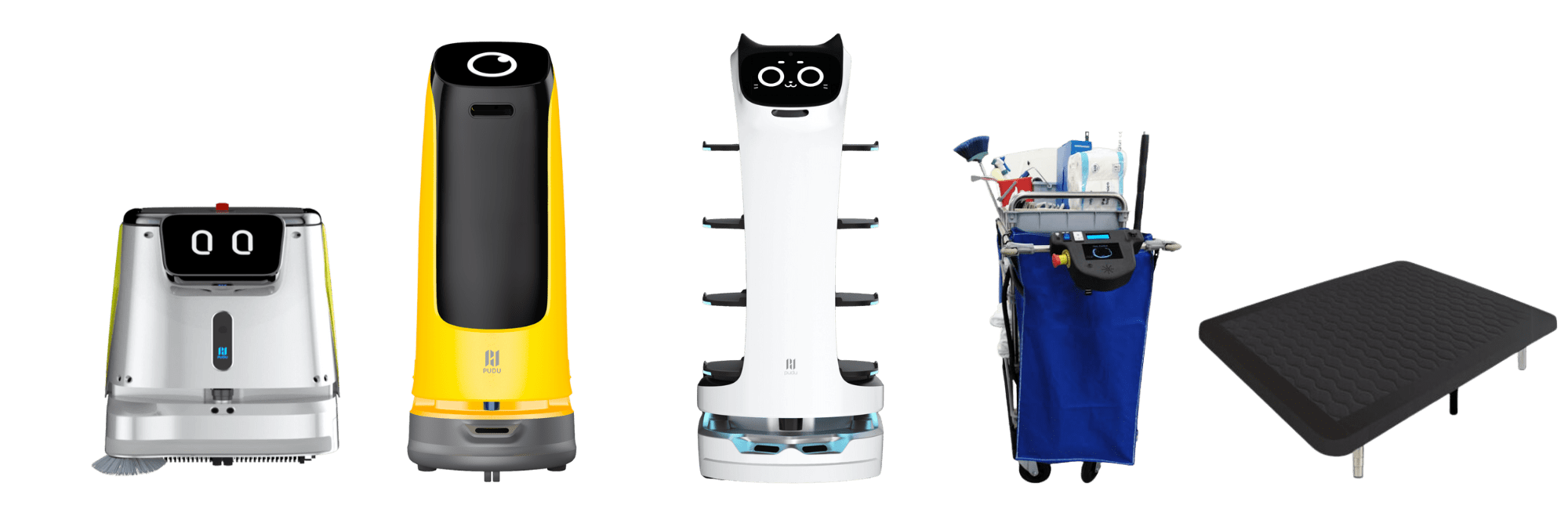 Cinco soluciones de robótica de Atecresa alineadas, incluyendo robots de servicio, un carrito de limpieza motorizado y un sistema de elevación de cama.