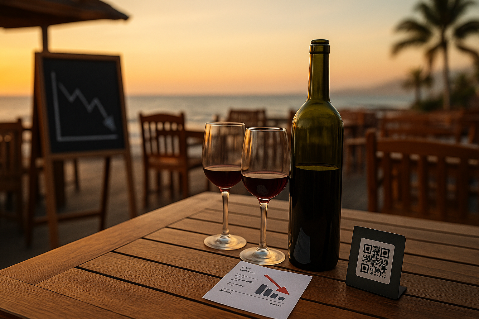 Botella y dos copas de vino en terraza frente al mar; pizarra con gráfica descendente y mesas vacías al atardecer en el sur de Tenerife.